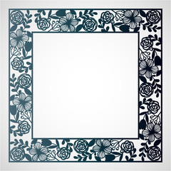 Openwork square frame with floral pattern. Laser cutting template for greeting cards, envelopes, wedding invitations.