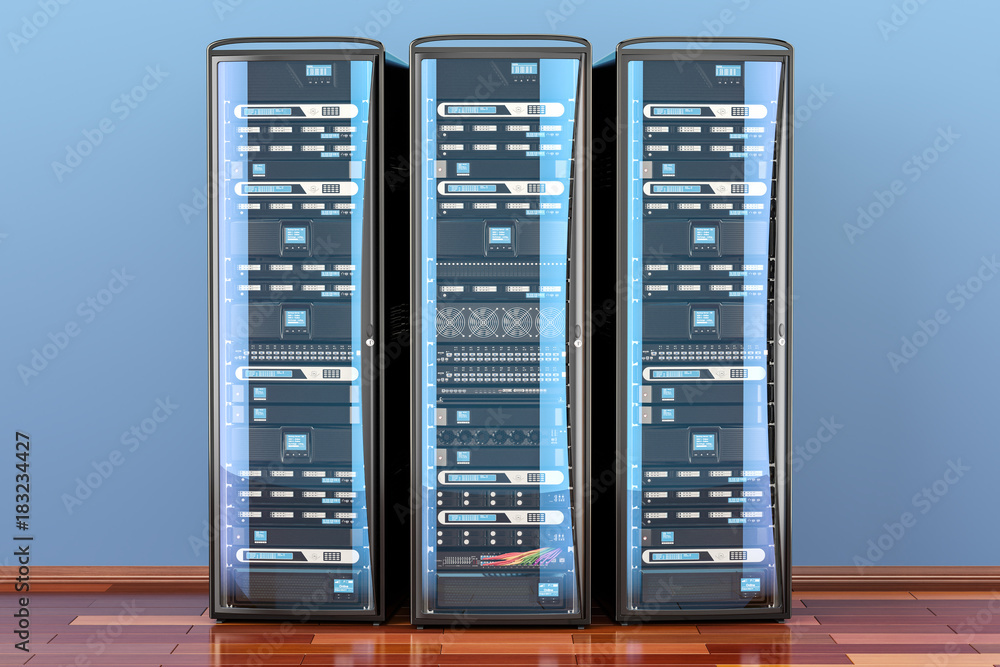 Aufkleber set of computer server racks in room on the wooden floor, 3d rendering