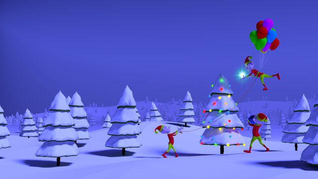 Postal de navidad con elfos adornando el &aacute;rbol