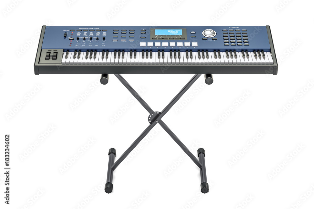 Poster synthesizer with stand, 3d rendering