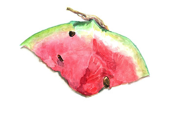 Watercolor watermelon slice with tail and seeds