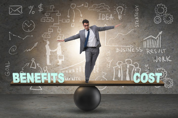Businessman balancing between cost and benefit in business conce