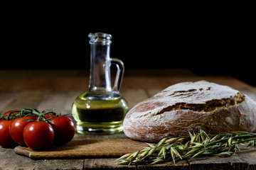 Italian tasty food, olive oil, white cheese and tomatoes.