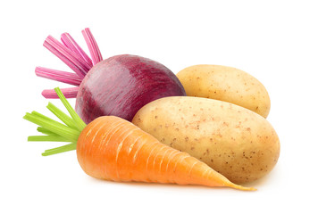 Isolated root vegetables. Raw carrot, potatoes and beetroot isolated on white background with...