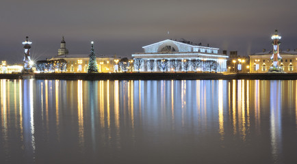 russia, petersburg, lights, night, water, tourism, illuminated, neva river, river, rostral columns, christmas trees, illuminations, winter, garlands, christmas