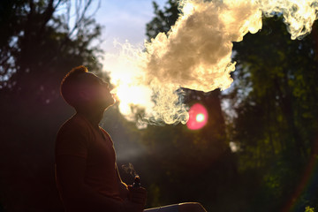Men with beard smoke electronic cigarette outdoor