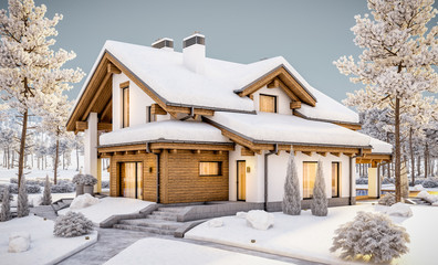 3d rendering of modern cozy house in chalet style