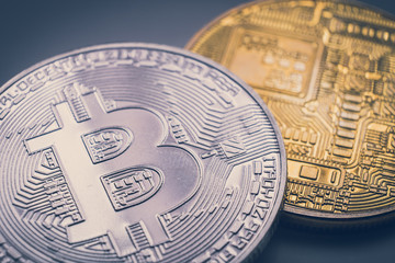 Gold and silver bitcoin (physical), macro shot