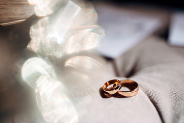 Wedding rings on the beige background