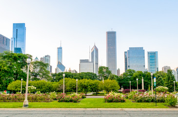 Chicago Grant Park with skyscrapers in background, Illinois, USA