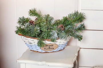 Detail of Classic christmas and New Year decorated interior room. Christmas tree with white, blue and silver decorations