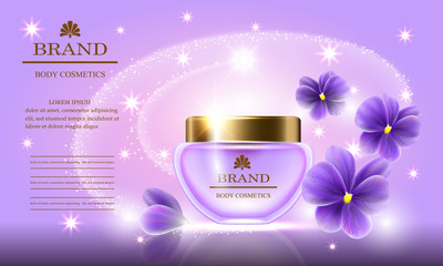 Cosmetic beauty set of body cream for skin care with violets on a purple background. Template for banners, pages, presentations, advertising, vector illustration.