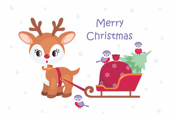 Christmas greeting card with the image of the little cute deer. Vector illustration.