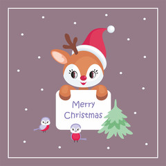 Christmas greeting card with the image of the little cute deer. Vector illustration.