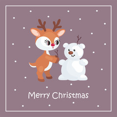 Christmas greeting card with the image of the little cute deer. Vector illustration.