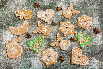 Homemade Christmas cookies on a wooden background 