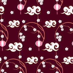 Spring Japanese and Chinese seamless pattern with cherry blossom branch an lanterns.
