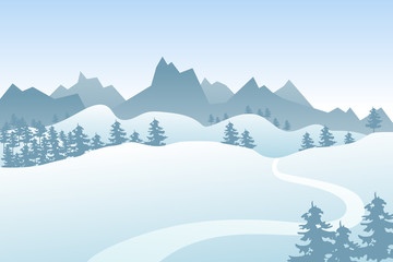 Flat winter vector landscape with silhouettes of trees, hills and mountains.