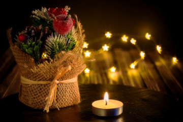 Christmas composition with Christmas tree decorations and bokeh