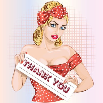 Sexy pin up woman holding thank you signboard, pinup girl in red hand drawn vector illustration background