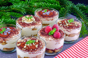 Various arts of tiramisu as a dessert for Christmas dinner.
