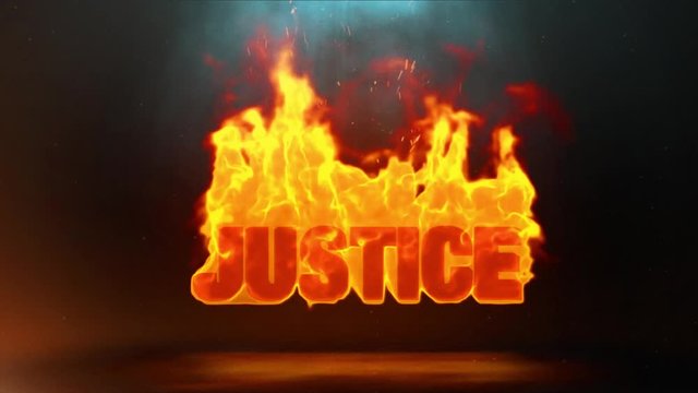 Justice Word Hot Burning on Realistic Fire Flames Sparks  And Smoke Continuous Loop Animation