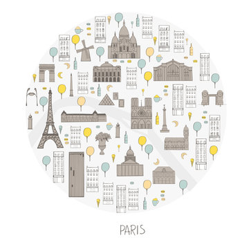  Paris in round frame. Vector sketch illustration