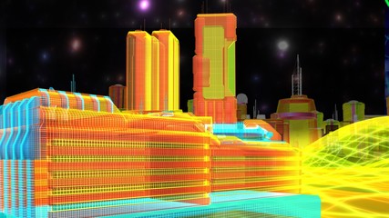 Vista notturna di una futuristica metropoli virtuale