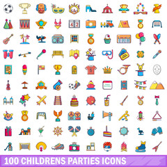 100 childrens parties icons set, cartoon style 
