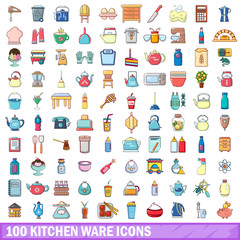 Fototapeta premium 100 kitchen ware icons set, cartoon style 