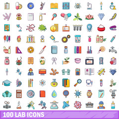 100 lab icons set, cartoon style 