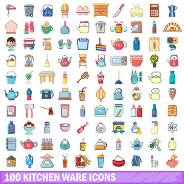 100 kitchen ware icons set, cartoon style 
