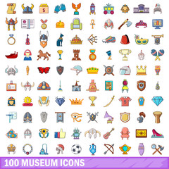 100 museum icons set, cartoon style 