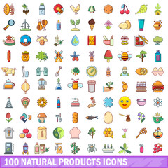 100 natural products icons set, cartoon style 