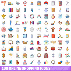 100 online shopping icons set, cartoon style 