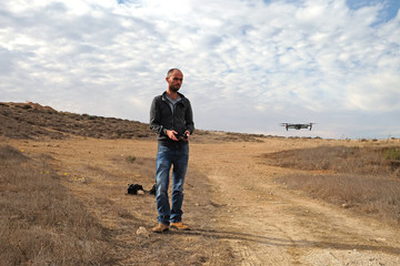 Young man launches a drone