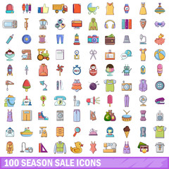 100 season sale icons set, cartoon style 