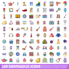 100 shopaholic icons set, cartoon style 