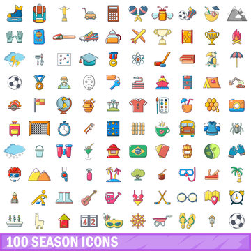 100 season icons set, cartoon style 