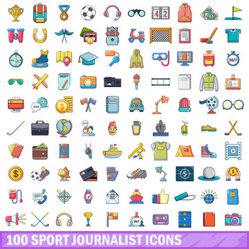 100 sport journalist icons set, cartoon style 