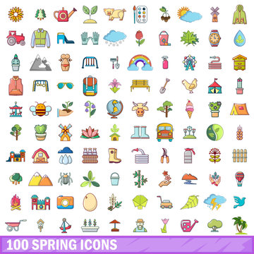 100 spring icons set, cartoon style 