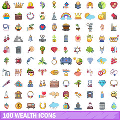 100 wealth icons set, cartoon style 