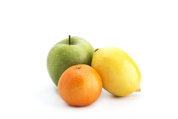 Orange mandarin orange, green apple, yellow lemon on white background