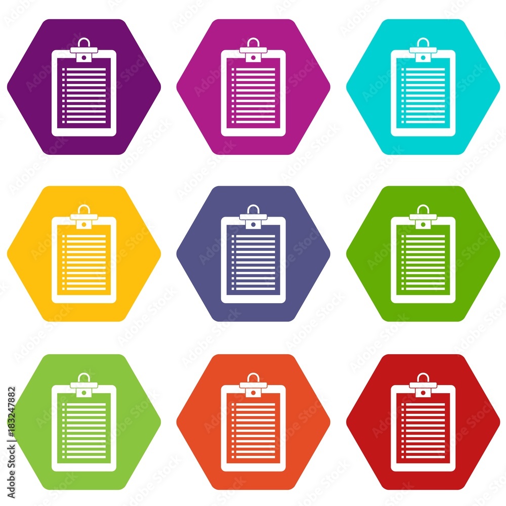 Poster clipboard with check list icon set color hexahedron