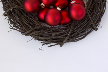 Wooden Vine Wreath with Red Ornaments