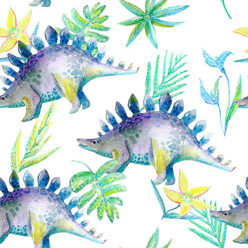 Seamless pattern of a dinosaur and plants.Picture of a jungle.Watercolor hand drawn illustration.White background.
