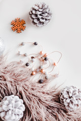 Woman Christmas background on white. Frosty pine cones, silver colored decoration balls, faux fur, jewelry. Copyspace for text, overhead, vertical