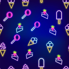 Neon food seamless pattern. Cafe colored sweet fruit banner. Advertise dessert symbol set bar. Night lamp shine billboard vector illustration label icon design. Vintage fashion ice cream, cake, cone.
