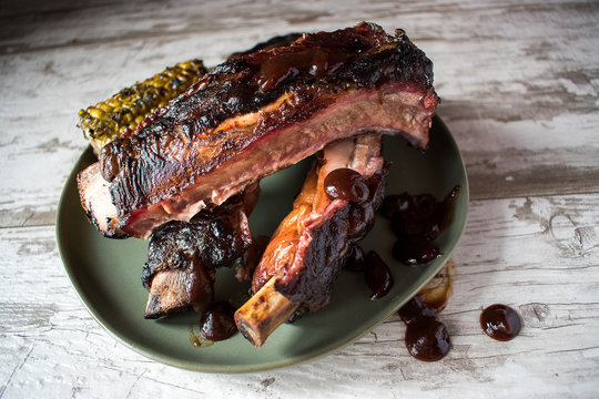 smoked beef spareribs with bbq and corn
