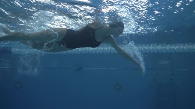 Female swimmer swims crawl stroke on swimming path in transparent water pool